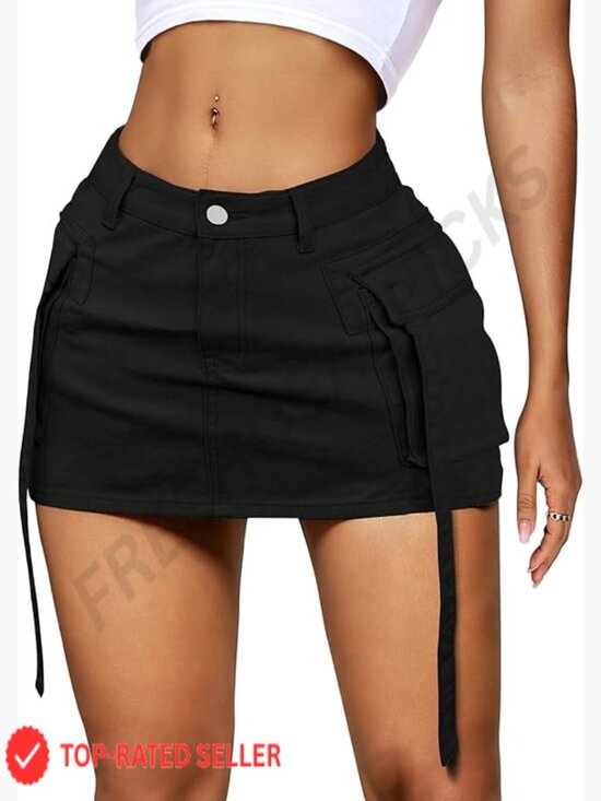 Dresses & Skirts - Low Waist Denim Mini Skirt with Cargo Flap Pockets Y2k Button Fly